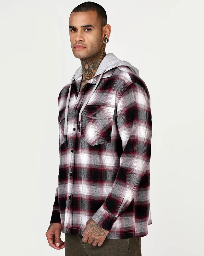 bewakoof Men's Maroon & White Checked Oversized Hooded Shirt
